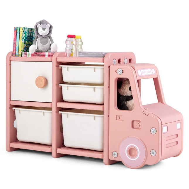 Regál na hračky 2 úrovně dětský regál se zásuvkami a úložnými boxy 110 x 32 x 66 cm růžová