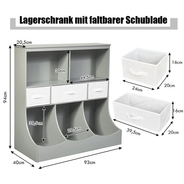 Regál na hračky s 5 přihrádkami a 3 zásuvkami dětský regál organizér na hračky 93 x 40 x 94 cm šedá