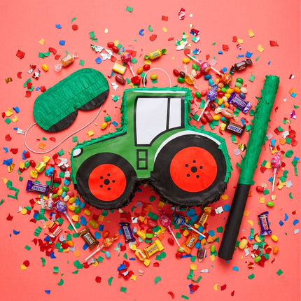 Sada piňata traktor s tyčí a maskou, tmavě zelená
