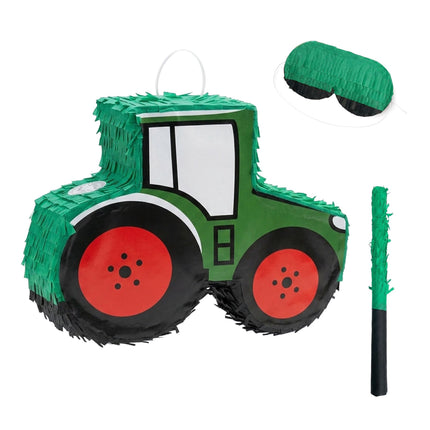 Sada piňata traktor s tyčí a maskou, tmavě zelená