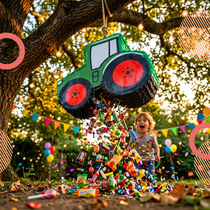 Sada piňata traktor s tyčí a maskou, tmavě zelená