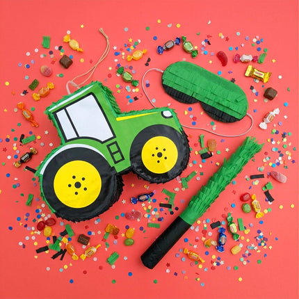 Sada piňata traktor s tyčí a maskou – zelená