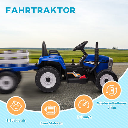 Jezdítko traktor pro děti s dálkovým ovládáním, MP3, světly, modré