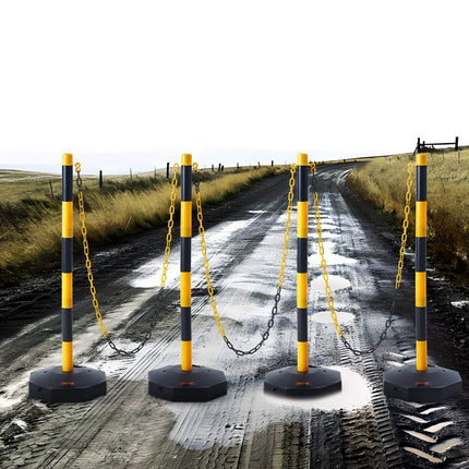 Traffic Delineator Posts, 4 Pack, Fillable Base, 8 ft Chain