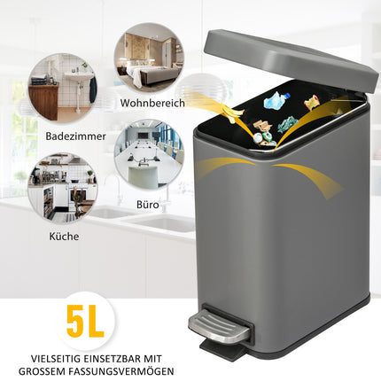 Odpadkový koš s pedálem 5 l s víkem a vnitřní vložkou, šedý