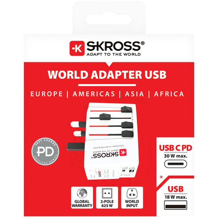 Cestovní adaptér USB-A+C PD 30W, univerzální, neuzemněný
