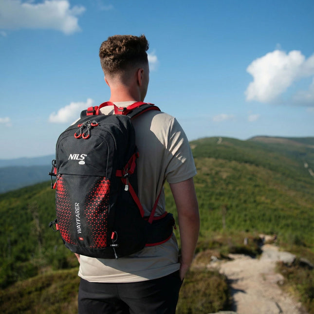 Cestovní batoh 35 l, červený – větraný, s pláštěnkou