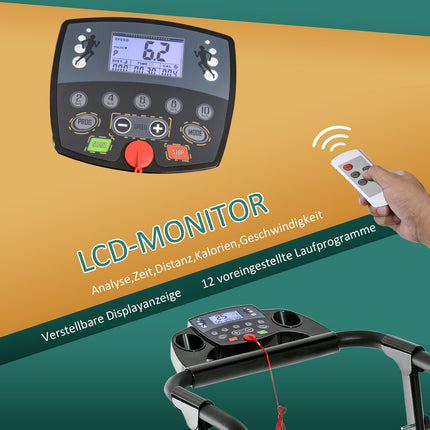 Skládací elektrický běžecký pás, 500W, LCD, držák telefonu, černá
