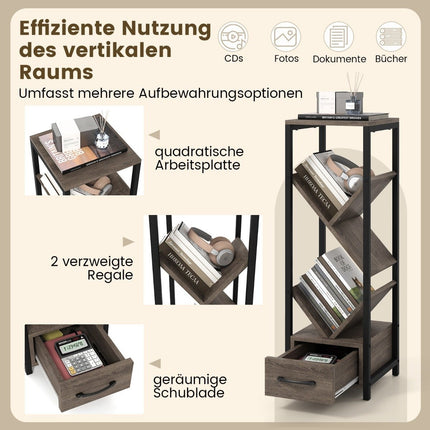 Boekenkast in de vorm van een boom met lade en metalen frame, 4-laags staand bureau