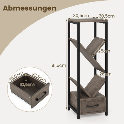 Boekenkast in de vorm van een boom met lade en metalen frame, 4-laags staand bureau