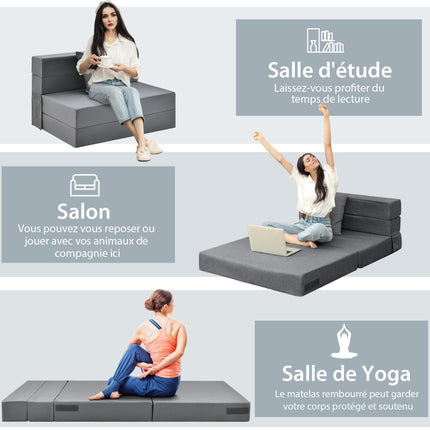 Tri-Fold Sofa Bed Mattress, 6-Inch, With Pillow, Dark Gray