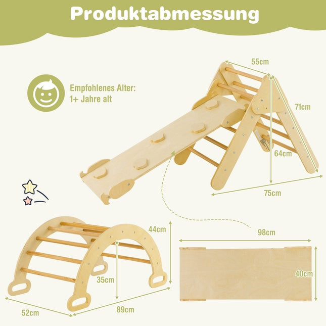 Triangular wooden climbing toy set for toddlers with natural climbing triangle