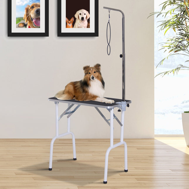 Black foldable dog grooming table, metal frame, 81x48x80 Cm