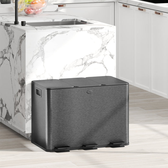 Triple Compartment 60L Stainless Steel Kitchen Bin