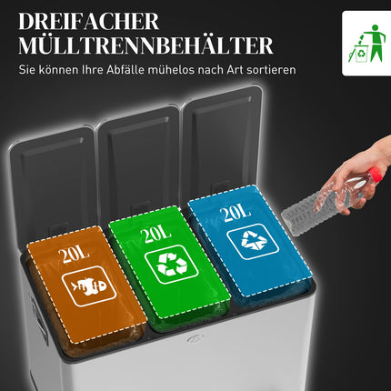 Kuchyňský koš se 3 přihrádkami, nerezový, 3 x 20L