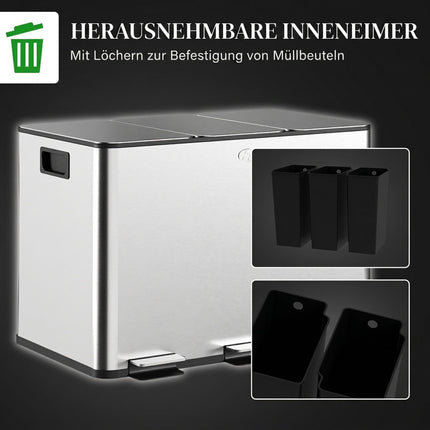 Triple Pedal Bin 3 x 10 L with Soft-Close Lids, Removable Buckets, Silver