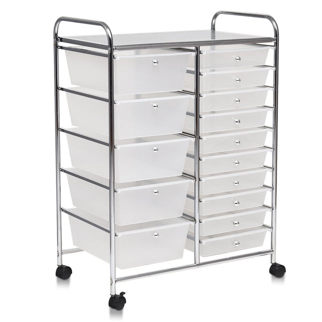 Vozík s 15 stohovatelnými zásuvkami, pojízdný boční vozík s 15 zásuvkami, barevný/černý 63 x 37 x 87 cm-průhledný