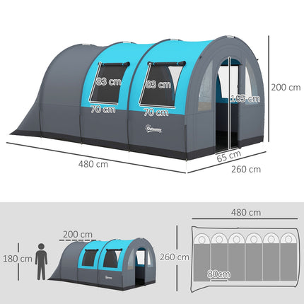 Kempingový stan pro 6 osob – 2 kabiny, lehký, 3000 mm šedá