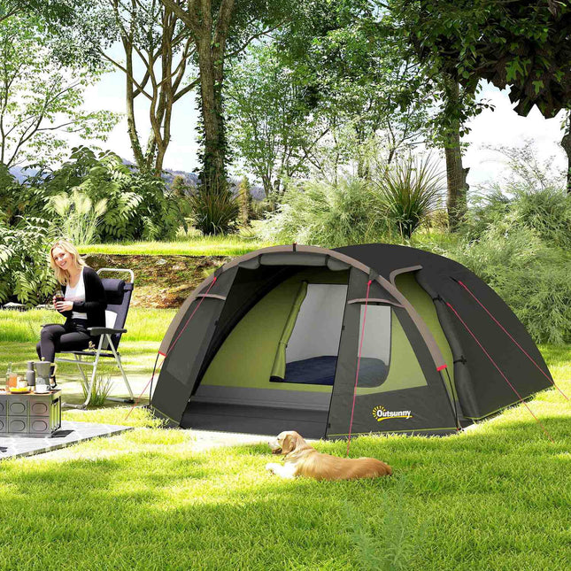 Tunneltent voor 4 personen, lichtgewicht, stabiel, waterdicht, UV 50+ kampeertent met luifel, dubbele deur, zwart