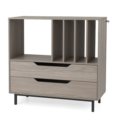 Stojan na gramofon se 4 přihrádkami na vinyly a 2 zásuvkami, šedý