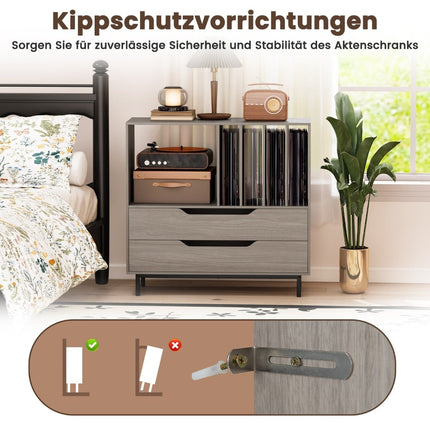 Stojan na gramofon se 4 přihrádkami na vinyly a 2 zásuvkami, šedý