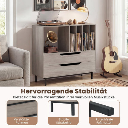 Stojan na gramofon se 4 přihrádkami na vinyly a 2 zásuvkami, šedý