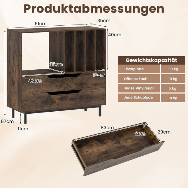 Stojan na gramofon se 4 přihrádkami na desky a 2 zásuvkami, rustikální hnědá