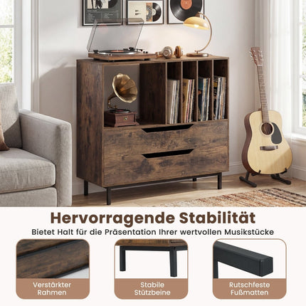 Stojan na gramofon se 4 přihrádkami na desky a 2 zásuvkami, rustikální hnědá