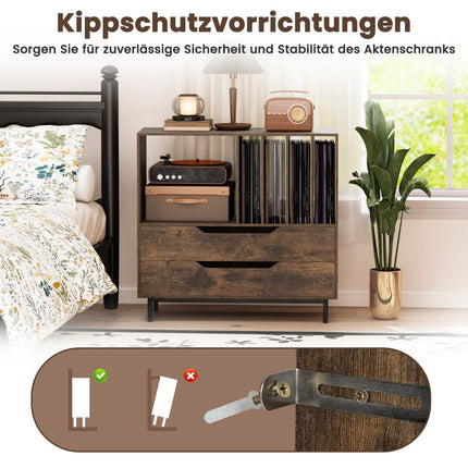 Stojan na gramofon se 4 přihrádkami na desky a 2 zásuvkami, rustikální hnědá