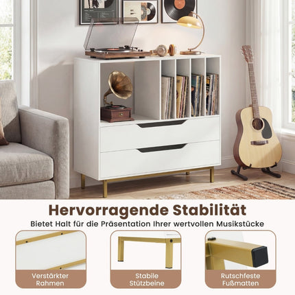 Stojan na gramofon se 4 přihrádkami na desky a 2 zásuvkami, bílá