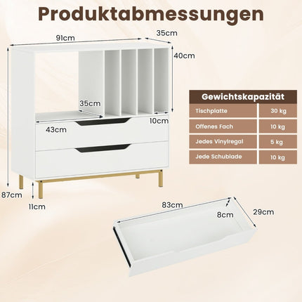 Stojan na gramofon se 4 přihrádkami na desky a 2 zásuvkami, bílá