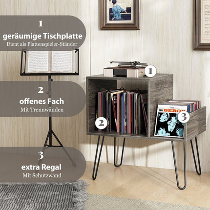 Stojan na gramofon s nabíjecí stanicí a přihrádkami, šedá