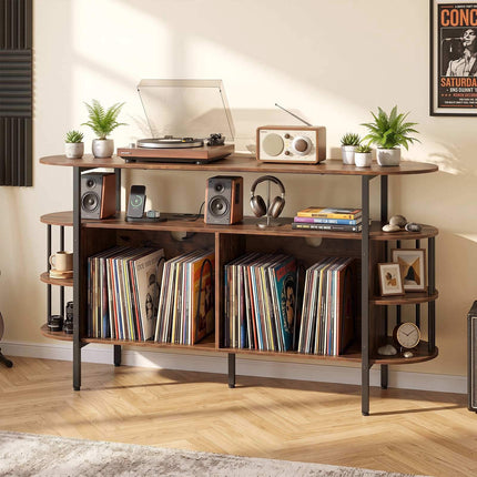 Turntable Stand with LED Lights & Charging Station, Rustic Brown