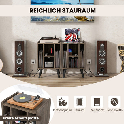 Turntable stand with charging station & 4 open shelves vinyl records turntable table gray