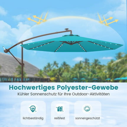 Turquoise 3m Patio Umbrella with Solar LED Lights & Sandbags