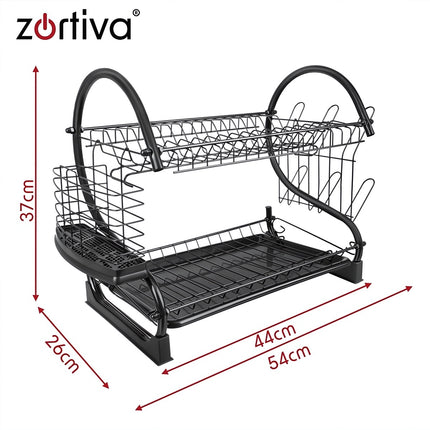 Two-Tier Dish Drying Rack with Drip Tray and Cup Holder, Cutlery Holder, Black