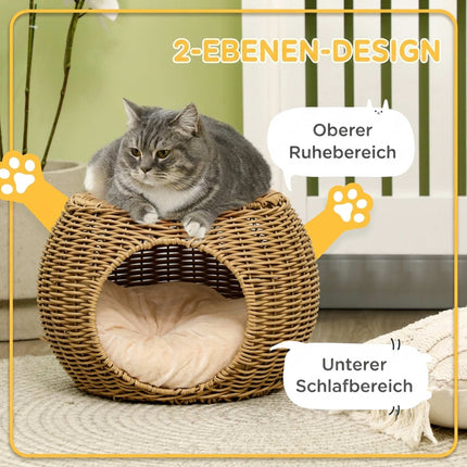 Two-Tier Rattan Cat Bed with Cushion, For Cats Under 3.5kg