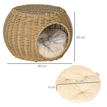 Two-Tier Rattan Cat Bed with Cushion, For Cats Under 3.5kg