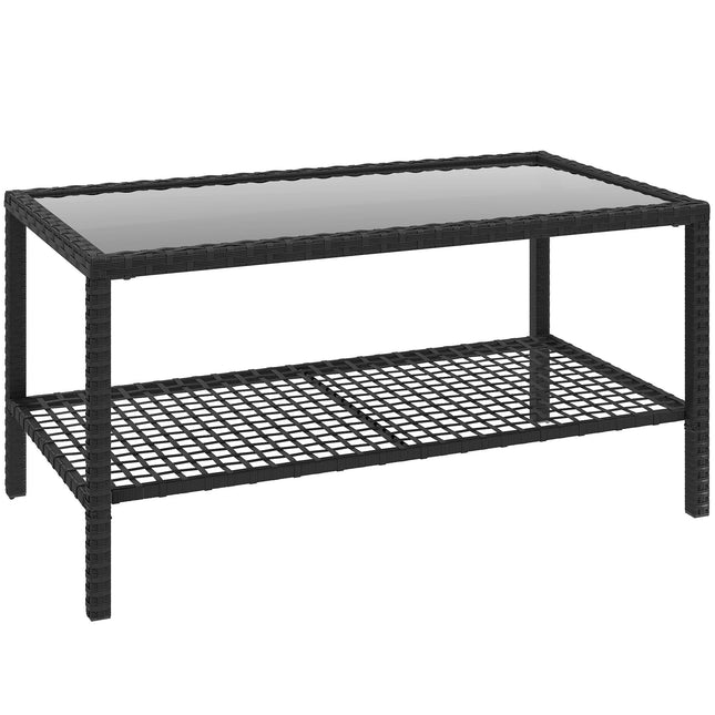 Zweistufiger Rattan-Couchtisch mit Glasplatte, Schwarz