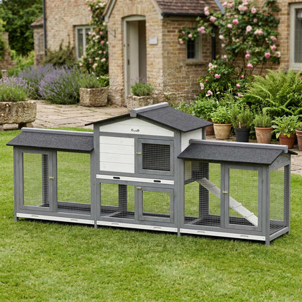Two-Tier Wooden Rabbit Hutch with Run, 230 x 53 x 93.5 cm