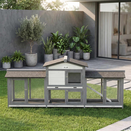 Two-Tier Wooden Rabbit Hutch with Run, 230 x 53 x 93.5 cm