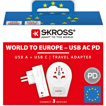 USB-A/USB-C 20W uzemněný adaptér pro Evropu