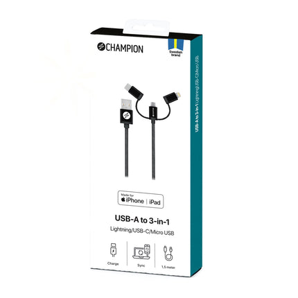 Kabel USB-A na Lightning, USB-C a Micro-USB 1.5m, černá