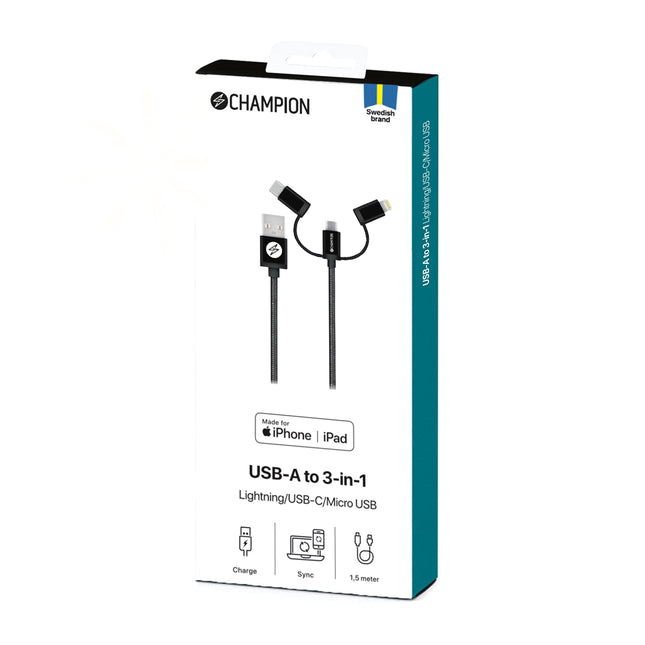 Kabel USB-A na Lightning, USB-C a Micro-USB 1.5m, černá