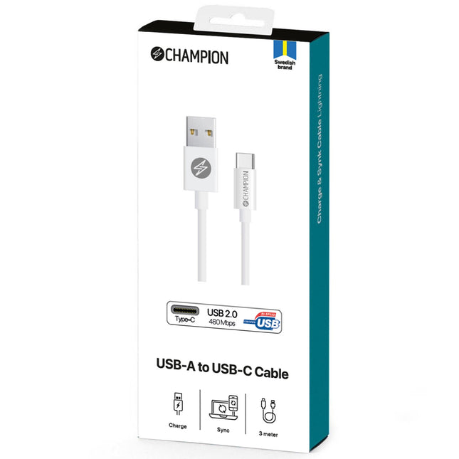 Kabel USB-A na USB-C 3m, bílá