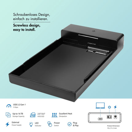 USB-C box na HDD/SSD SATA, 2.5"/3.5", bez nářadí, černá