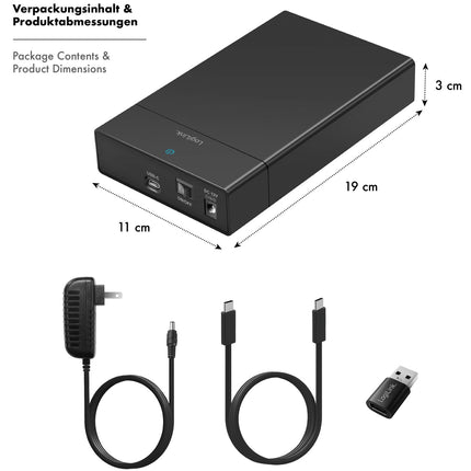 USB-C box na HDD/SSD SATA, 2.5"/3.5", bez nářadí, černá