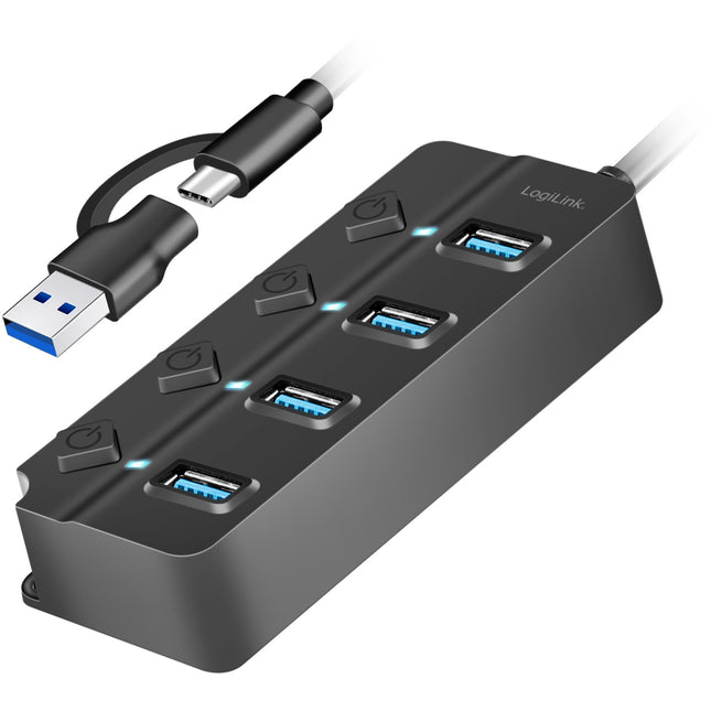 USB rozbočovač 4portový se samostatnými tlačítky On/Off USB-C/USB-A v USB 3.2 Gen1