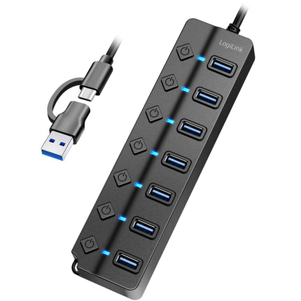 USB rozbočovač 7portový se samostatnými tlačítky On/Off USB-C/USB-A v USB 3.2 Gen1