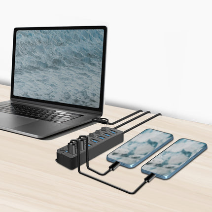 USB rozbočovač 7portový se samostatnými tlačítky On/Off USB-C/USB-A v USB 3.2 Gen1